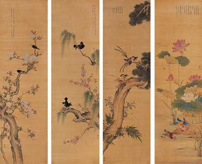 缪嘉惠 花鸟 四屏
